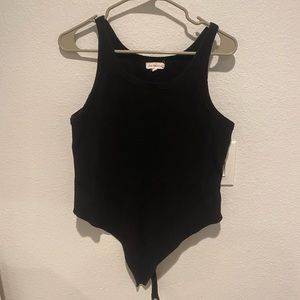 Good American black ribbed thong body suit